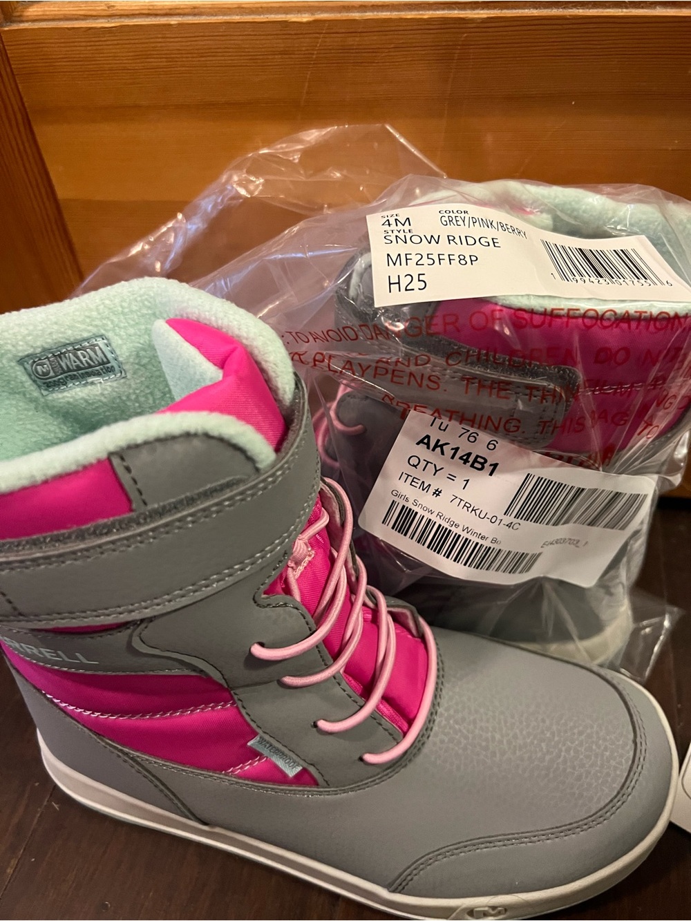 Merrell Kids Grey and Pink Snow Ridge Winter Boots